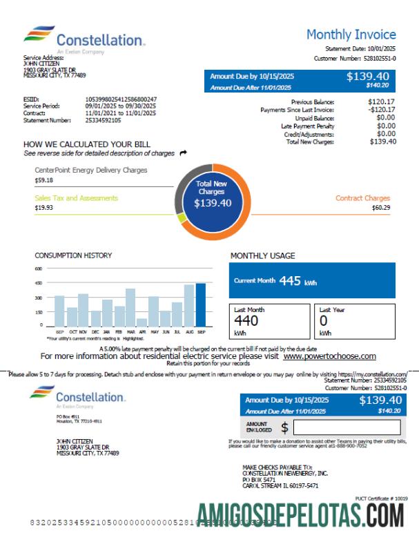 Para baixar modelo de conta de serviços públicos Constellation dos EUA em formatos Word e PDF, versão 2